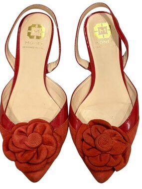 Monet Red Leather & Suede Slingback Flats With Floral Detail 6M